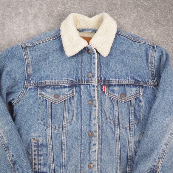 Levi's Sherpa Lined Denim Trucker XS Blue Long Sleeve Snap Light Wash Jacket - Picture 5 of 9
